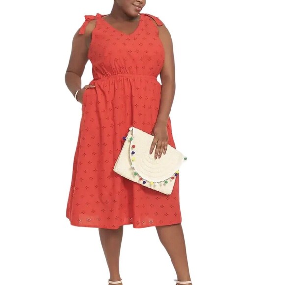 Lane Bryant Dresses & Skirts - Lane Bryant Womens Dress Size 22 Midi Red Eyelet Lace Knot Straps Lined Pockets